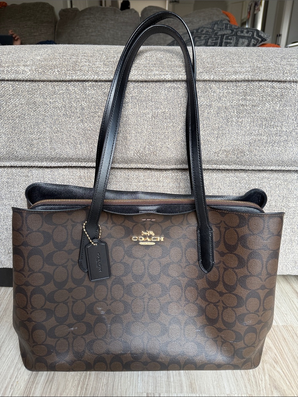 Coach Brown Signature Canvas Tote with Black Leather Handles